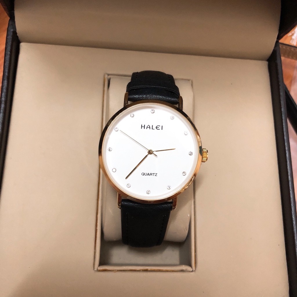 Đông hồ cặp nam nữ HALEI máy Nhật chính hãng dây da đen mặt trắng tròn size 39mm 28mm số hạt chống xước chống nước HL542 | BigBuy360 - bigbuy360.vn