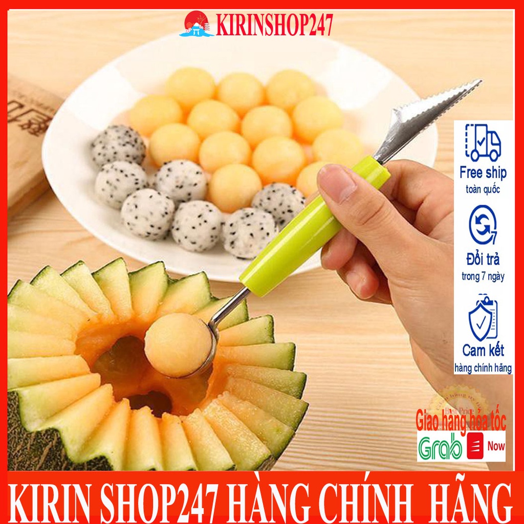 Dao Thìa muỗng inox 2 đầu khắc tỉa nạo tạo hình hoa quả múc dưa hấu trái cây đầu muôi có lỗ tạo viên