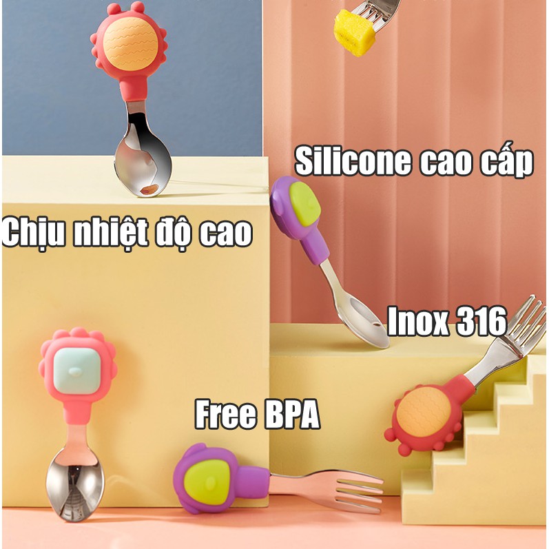 Thìa dĩa tập xúc cán ngắn INOX 316 cho bé Beedoll, muống nĩa cán ngắn silicone an toàn
