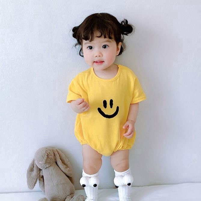 Jumpsuit Tay Ngắn Chất Cotton Hoạ Tiết Mặt Cười Cho Bé 0-3 Tuổi