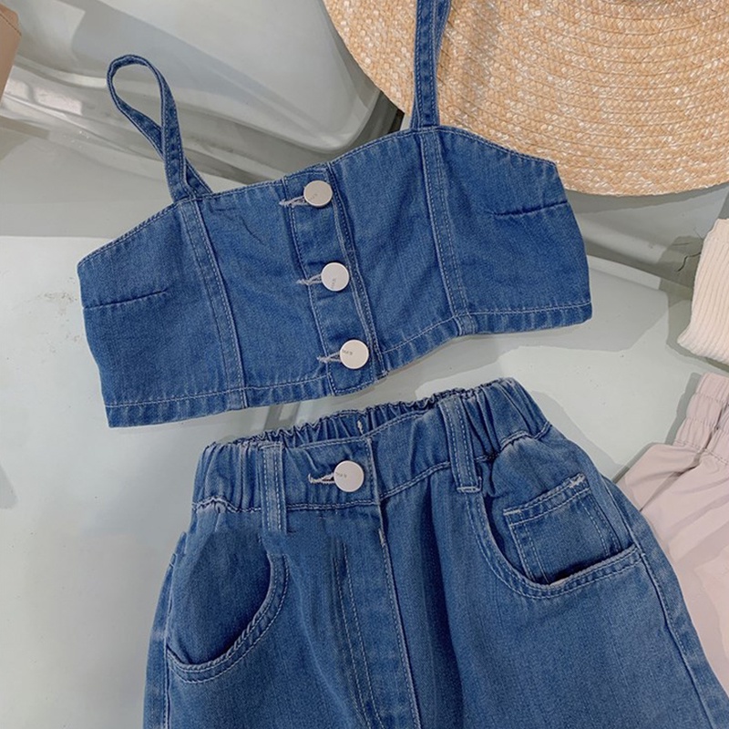 Set Áo Hai Dây Denim + Quần Ống Rộng Thời Trang Mùa Hè Hàn Quốc Cho Bé Gái