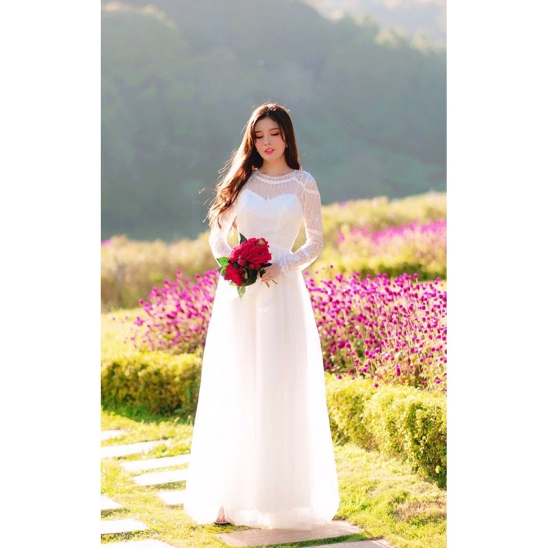 (free chỉnh sửa váy) đầm dạ hội trắng tay dài váy xòe, đầm trắng tiểu thư cô dâu kín đáo đi tiệc chụp ảnh cưới