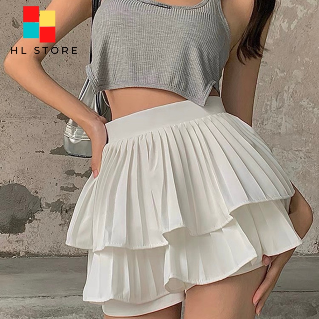 Chân Váy 2 Tầng Xếp Ly Xòe Dáng Ngắn Lưng Cạp Cao  phong cách Ulzzang Hải Lan Store