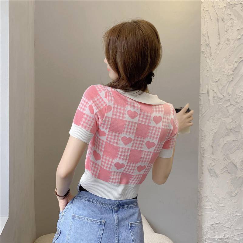 Áo Thun polo Ngắn Tay Dệt Kim Mỏng Ôm Dáng Họa Tiết Sọc Ca Rô Thời Trang Mùa Hè Cho Nữ