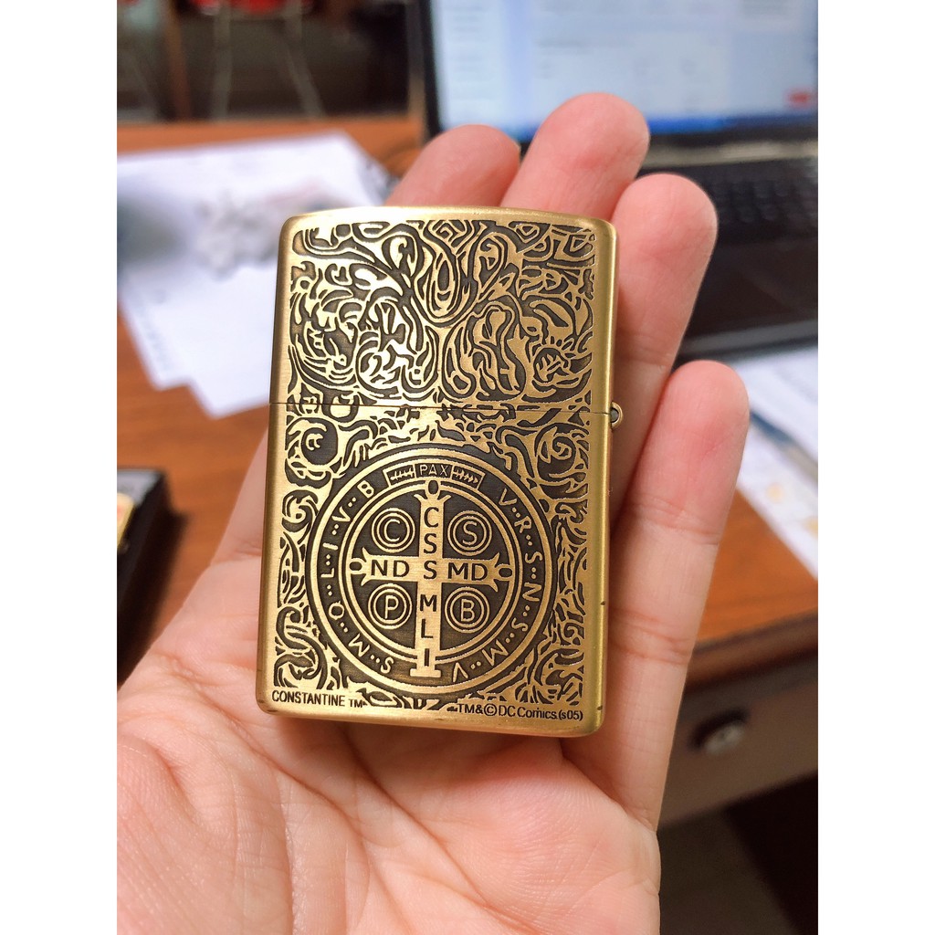 VỎ Bật Lửa Zippo Constantine Thánh Giá Vỏ Đồng - Đáy lồi - Vàng