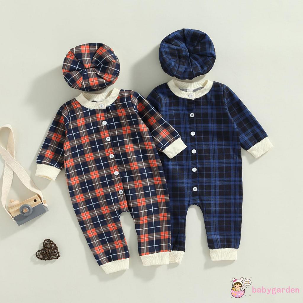 Bộ Áo Liền Quần Tay Dài Cài Nút + Mũ Trùm Đầu Thời Trang Mùa Thu Cho Bé Trai 0-24 Tháng Tuổi