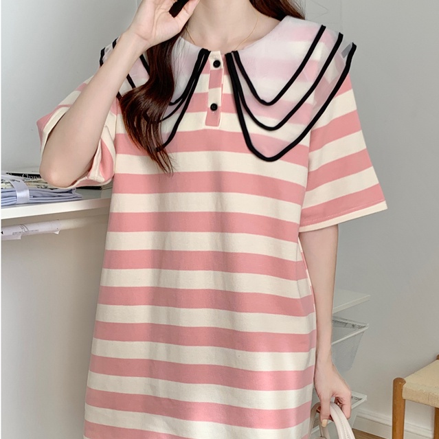 Đầm SUXI ngắn tay dáng rộng họa tiết kẻ sọc thời trang mùa hè cho nữ