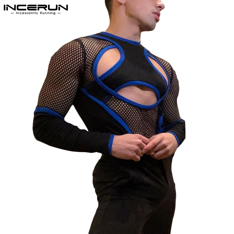 Áo INCERUN tay dài thiết kế rỗng xuyên thấu ôm dáng quyến rũ cho nam