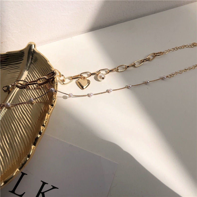 Vòng tay ngọc trai mặt trái tim hai lớp bằng kim loại phong cách mori ngọt ngào sang trọng đa năng 22453