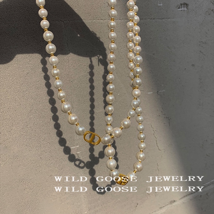 Dây chuyền/ khuyên tai 17KM hình chữ cái CD đính ngọc trai nhân tạo thời trang