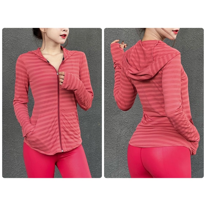 Áo Khoác Tập Gym Vạt Bầu, Lưới Ngang Có Nón, Tay Xỏ Ngón