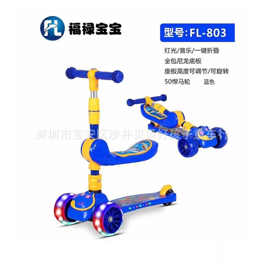 Xe scooter cho bé xe trượt scooter FL-803 trẻ em có ghế ngồi 3 in 1, 3 bánh tháo gọn có nhạc đèn