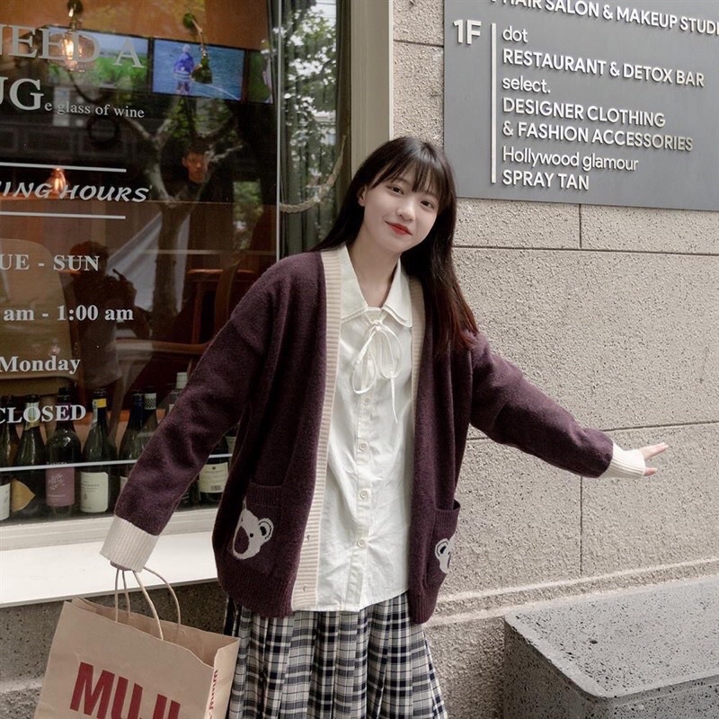 Áo cardigan nữ túi gấu chất len dày cao cấp, Áo khoác len dài tay nữ form rộng hai màu trắng nâu