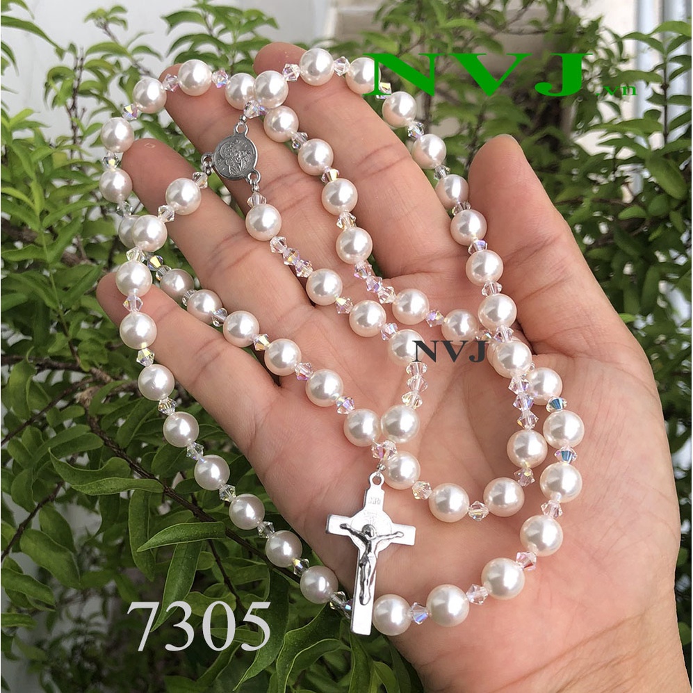 Chuỗi Mân Côi 50 hạt Swarovski rosary crystal pear.l 8ly 5810 màu trắng 650 & hạt nón 4ly 5328 - PhaleAo trang sức NVJ