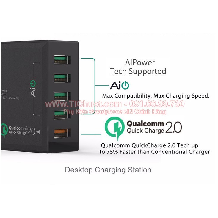 Sạc Nhanh AUKEY PAT1 5 cổng 54W QC 2.0,có kèm cáp 1m