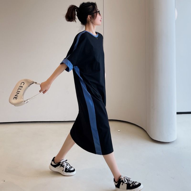 Đầm Tay Ngắn Dáng Rộng Mỏng Màu Sắc Tương Phản Cho Phụ Nữ