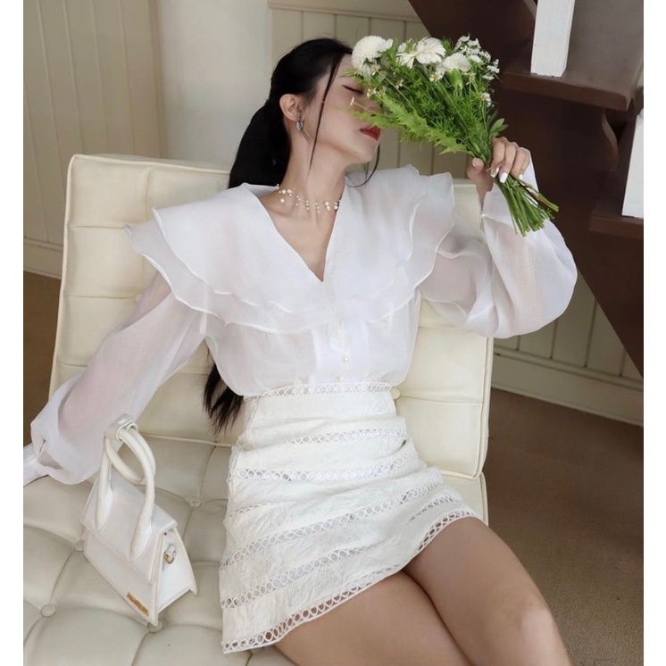 Sét áo sơ mi cổ bèo kèm chân váy chất tơ voan sét đồ dạo phố xinh xắn