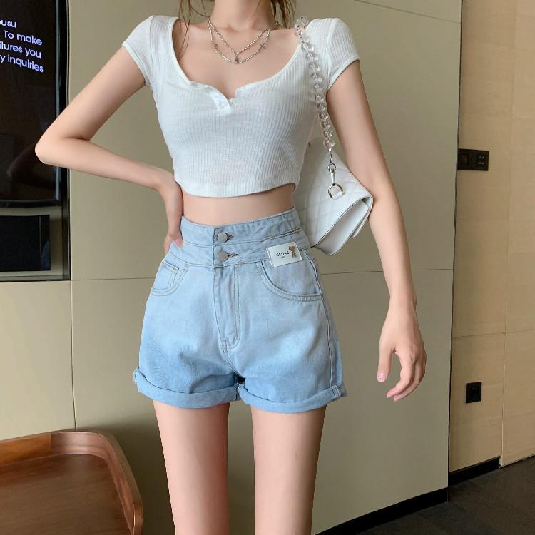 Jiashucheng Hàng Có Sẵn Quần Short Denim Ngắn Ống Rộng Hai Màu Xám Đen