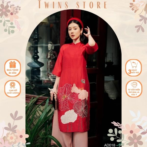 Áo dài cách tân, áo dài nữ Twins Store dáng suông, chất tơ, thêu hoa - AD018