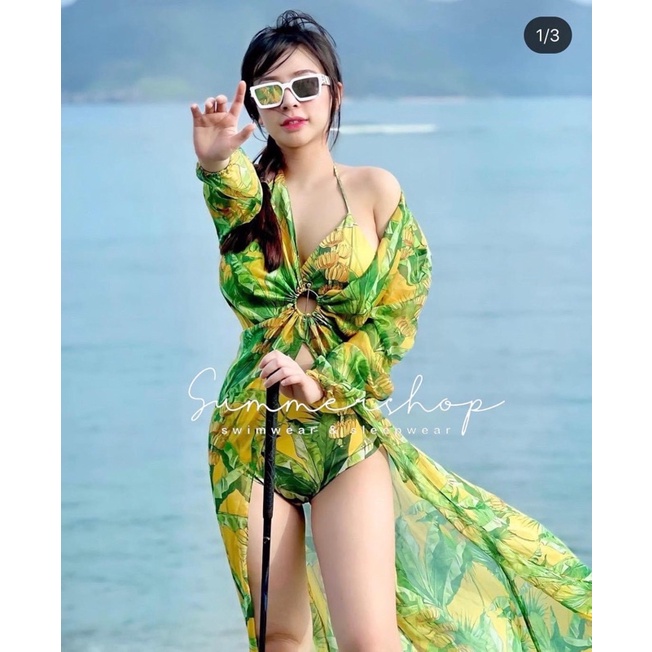 BIKINI set 3 chi tiết 2 mảnh áo basic quần cạp cao kèm khoác hoạ tiết chuối xita