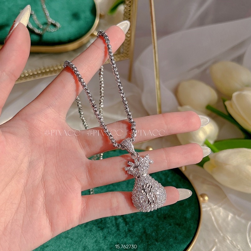 Bộ trang sức bông tai, dây chuyền xi bạch kim túi tài lộc .PTNACC.