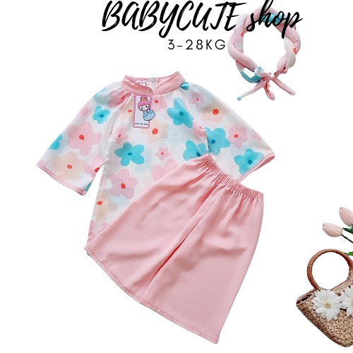Áo Dài Cách Tân Cho Mẹ và Bé - Họa tiết hoa anh đào - Size từ 3kg - 65kg (tặng kèm mấn)