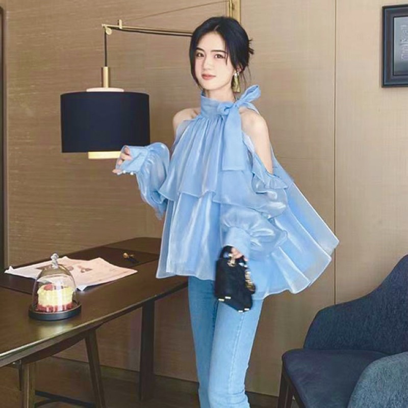 Áo Voan Hở Vai Tay Bèo Nơ Cổ Vải Voan Lụa Organza Óng