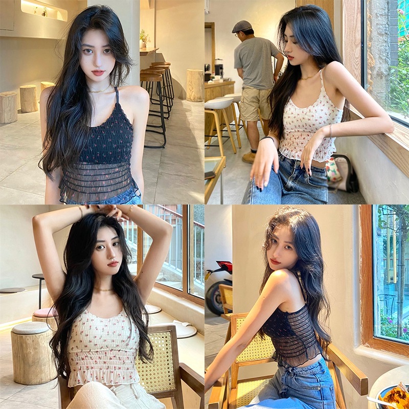 Áo Hai Dây Hở Lưng Có Mút Đệm Ngực Phối Ren Hoa Nữ Tính