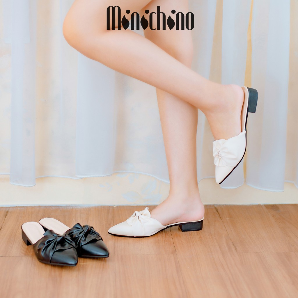 Giày sục nữ gót cao 3cm MINICHINO xoắn nơ mũi nhọn thời trang hở gót màu đen TC019 | BigBuy360 - bigbuy360.vn