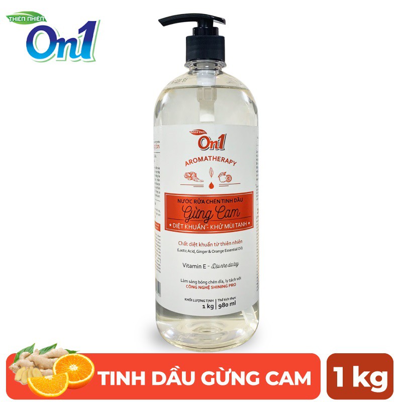 Nước Rửa Chén On1 Tinh Dầu Gừng Sả /  Gừng Cam 1Kg Diệt Khuẩn, Khử Mùi Tanh