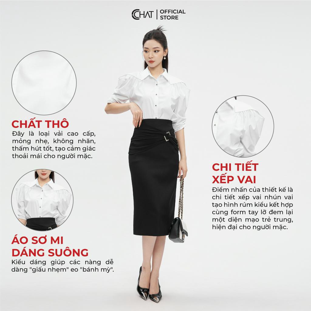 Áo Sơ Mi Nữ 𝐂𝐂𝐇𝐀𝐓 Rúm Vai Kiểu Tay Lỡ Chất Thô Cao Cấp Mềm Nhẹ 53FNT2013ST