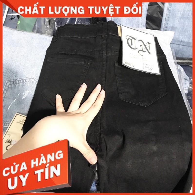 Quần jeans skinny đen rách gối- jeans mềm giãn