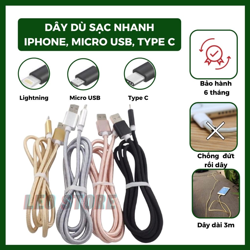 Dây sạc Iphone/ samsung/type C/Micro USB - Cáp sạc Micro USB/ Iphone/ samsung/Type C - Sạc nhanh- Dây dài 3m chống đứt