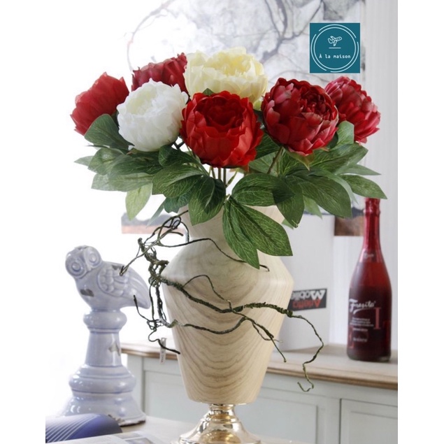 Cành hoa mẫu đơn lụa một bông lớn cao 48cm, hoa lụa trang trí, hoa decor chụp ảnh