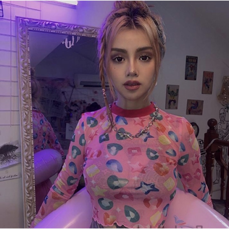 Áo croptop lưới hồng phong cách y2k cực dễ thương