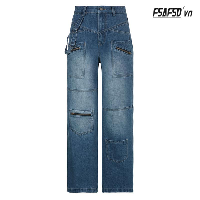 Quần Jean Nữ Lưng Cao Ống Đứng Nhiều Túi Phong Cách Âu Mỹ