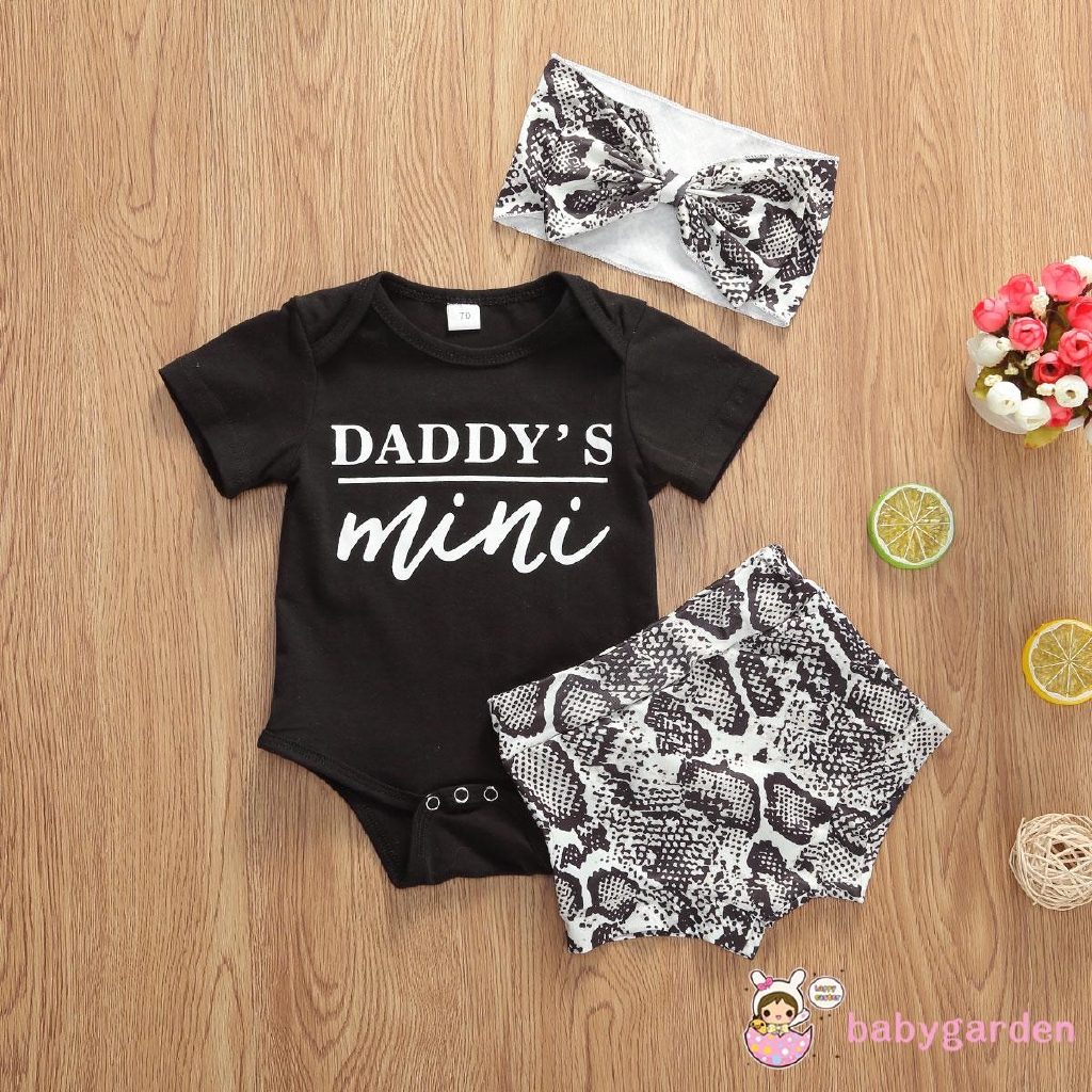 ღ♛ღBaby Girls Summer Clothes Daddy´s Mini Letter Print Bodysuit Romper + Shorts + Bow Headband 3Pcs Outfits Set