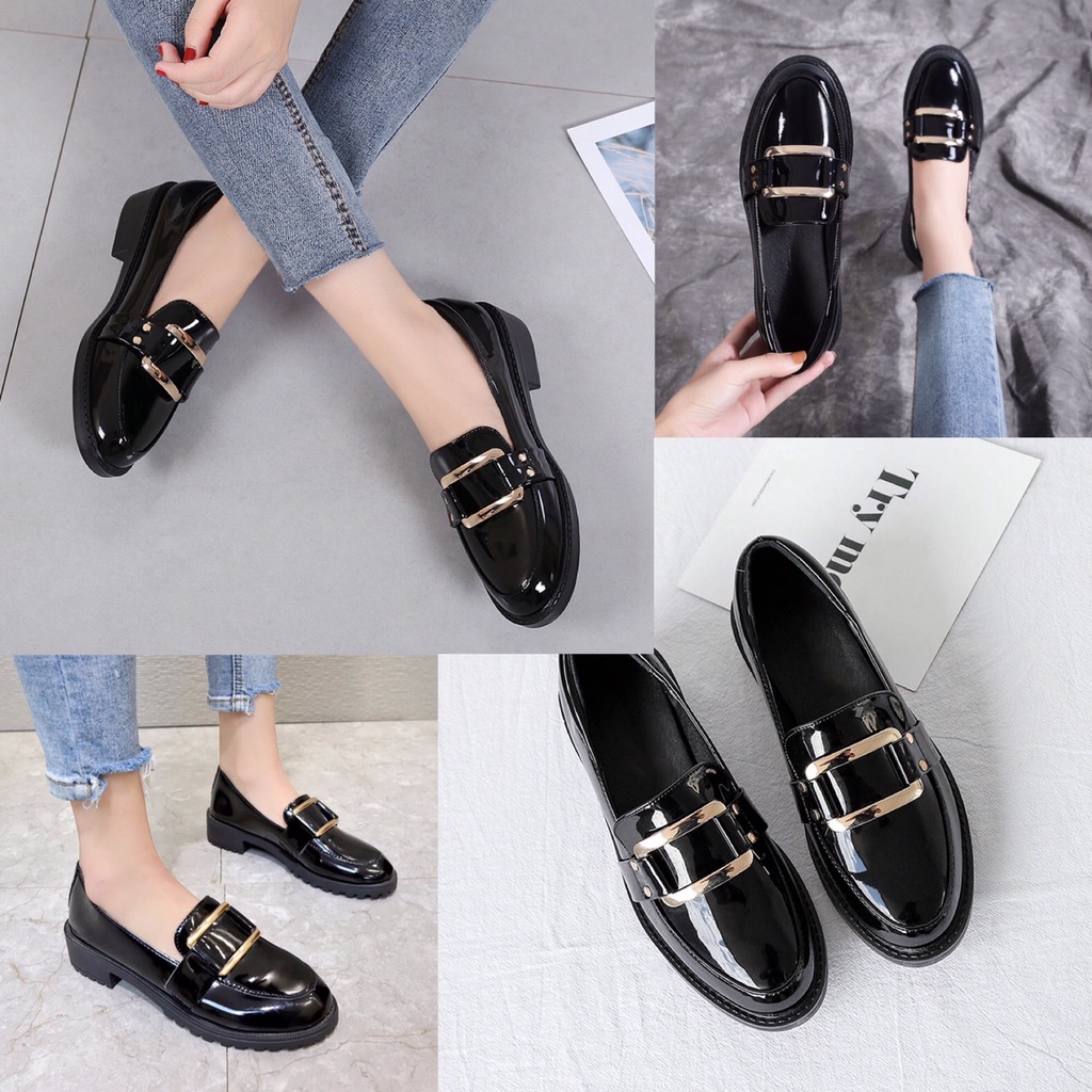 Giày đốc mũi tròn khoá ngang  màu đen da bóng đế 3f sêu xinh- giày lười nữ- giay nữ