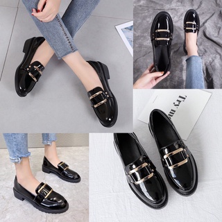 Giày đốc mũi tròn khoá ngang màu đen da bóng đế 3f sêu xinh- giày lười nữ- giay nữ