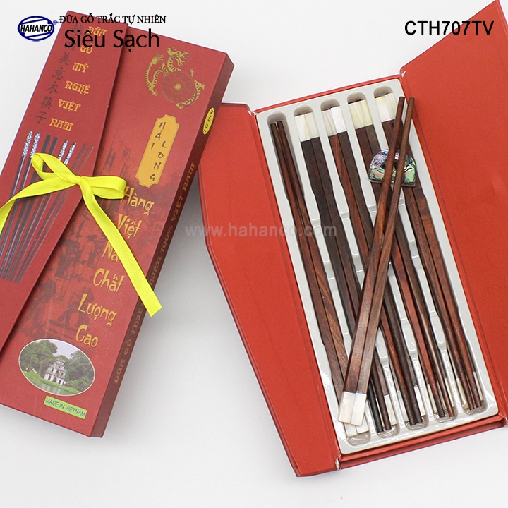 Đũa Gỗ Trắc Tròn Đầu Xà Cừ Trắng HAHANCO (Hộp 10 Đôi) Siêu Sạch Kháng Khuẩn- CTH707TV