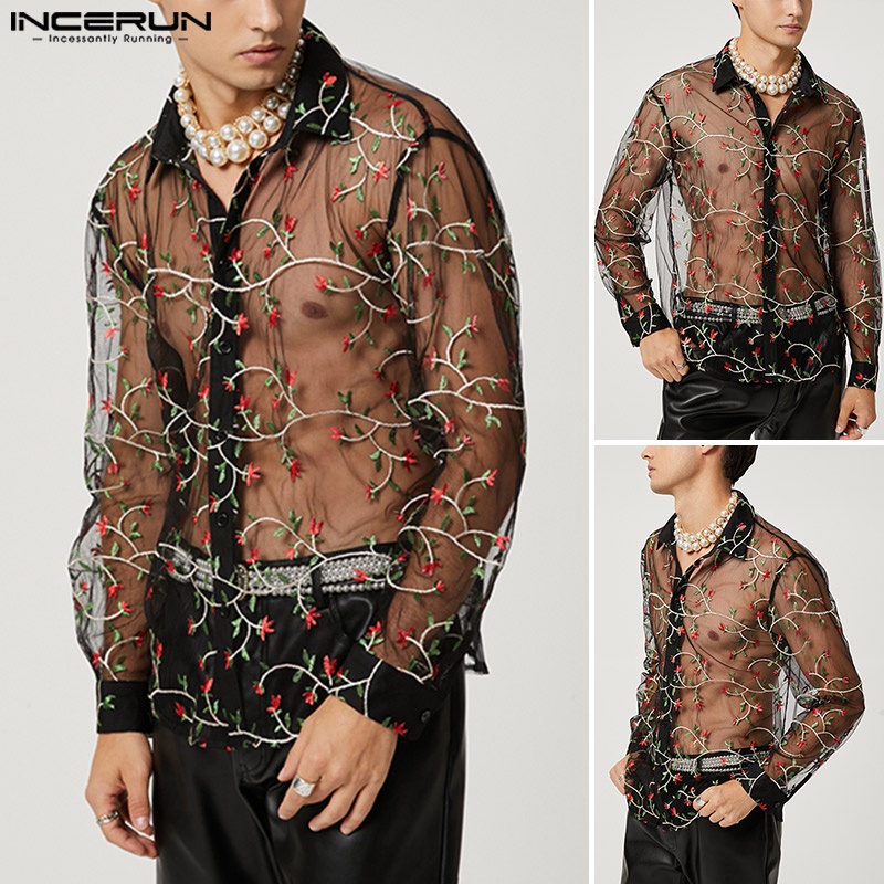 INCERUN Áo Lưới Hoa Dài Tay Xuyên Thấu Thời Trang Đi Biển Dành Cho Nam