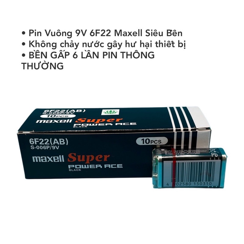 Hộp Pin 9V , Pin vuông ( Mã 6F22 ) Maxell Siêu bền - Hàng chính hãng