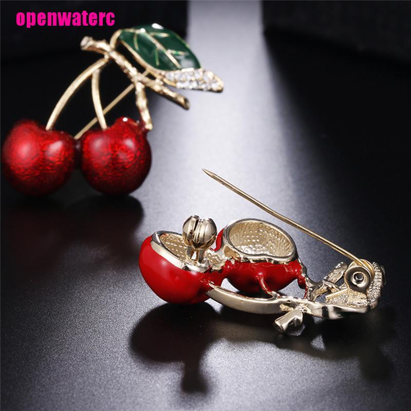 Cài Áo Hình Quả Cherry Đính Pha Lê Tráng Men Đỏ Thời Trang