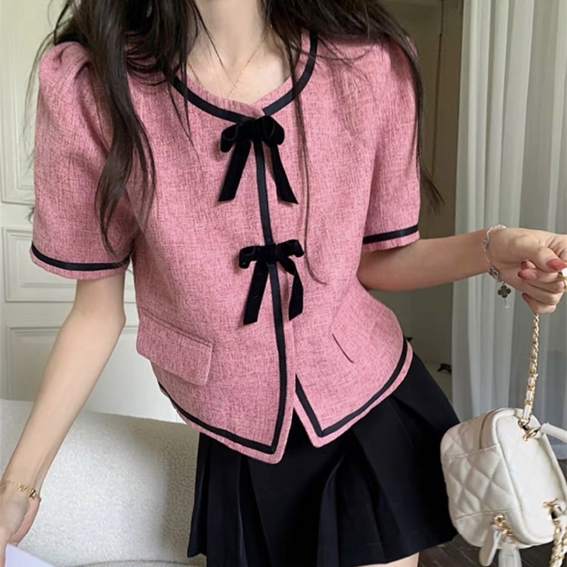 Áo dạ tweed hồng phối nhung đen