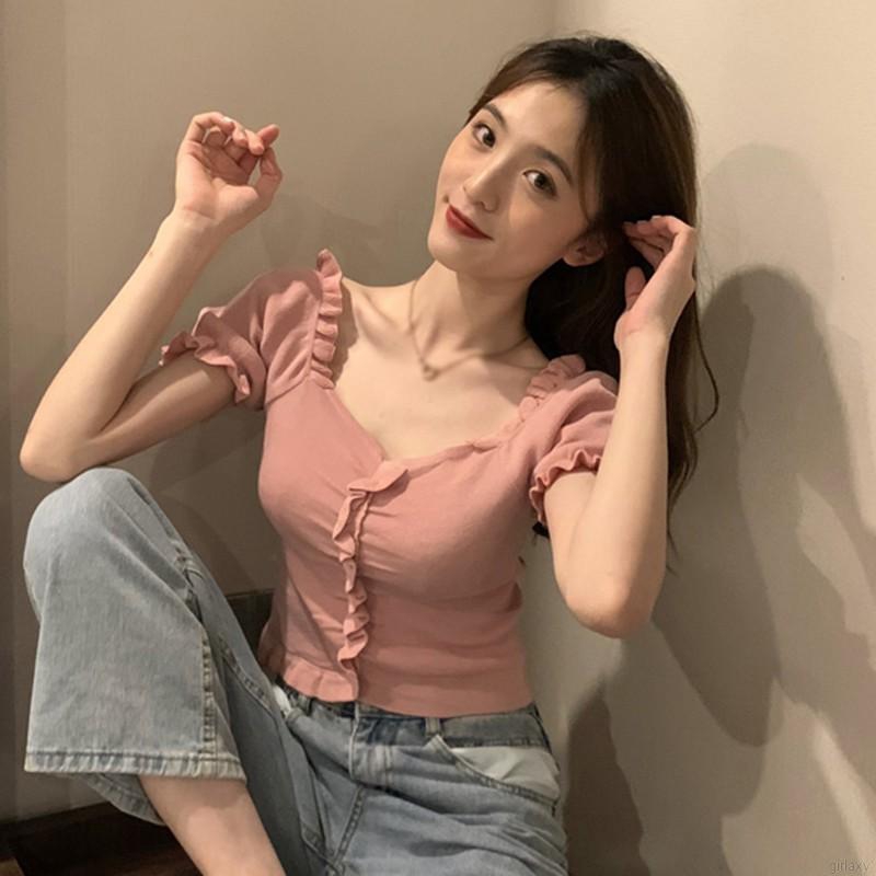 Áo dệt kim ngắn tay cổ chữ V màu trơn thời trang Hàn Quốc trẻ trung