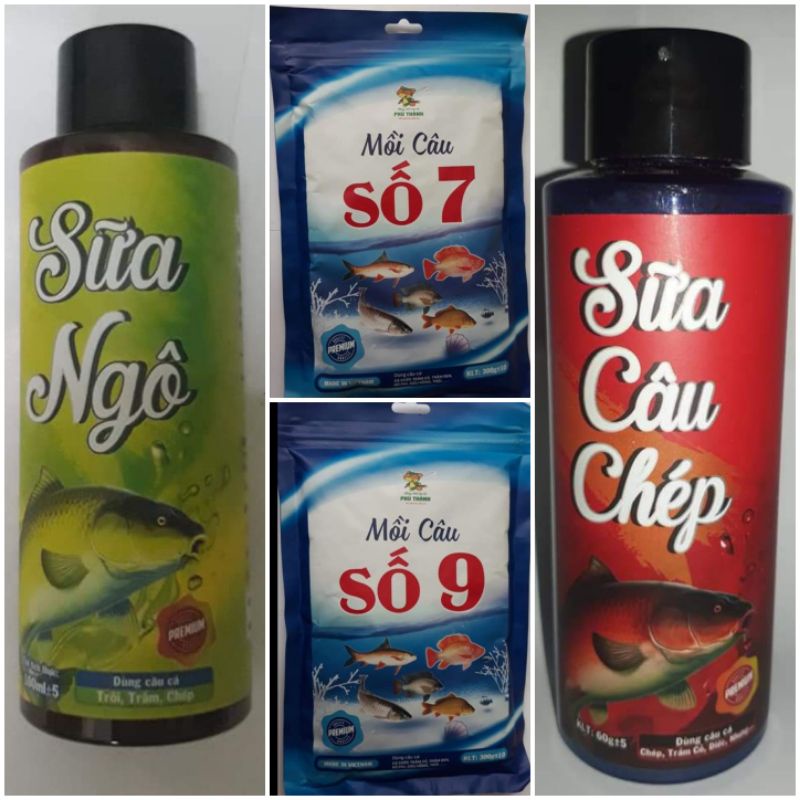 Combo_bài mồi kết hợp gồm Mồi số 7,Số 9,Sữa Câu Chép và Tinh Mùi Sữa Ngô