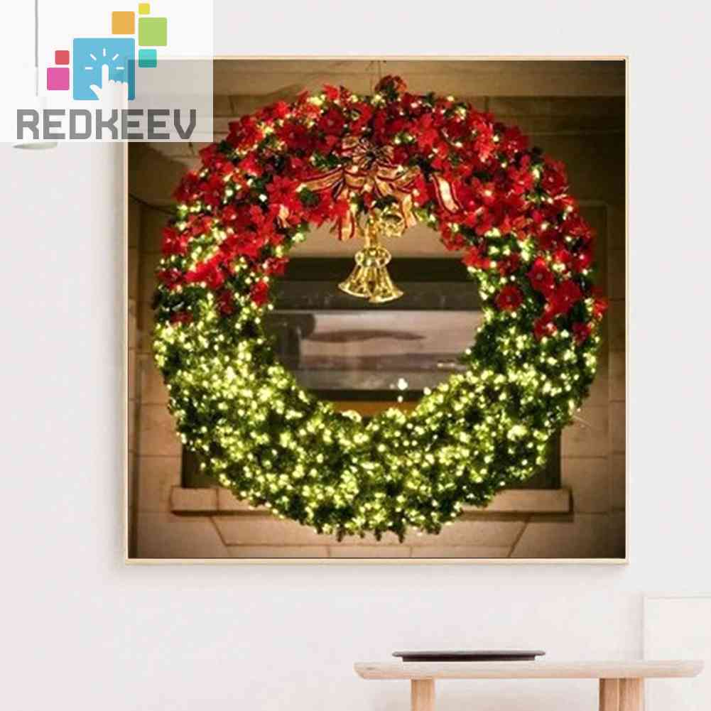 Tranh Đính Đá Kim Cương Toàn Bộ 5D DIY Hình Vòng Hoa Giáng Sinh