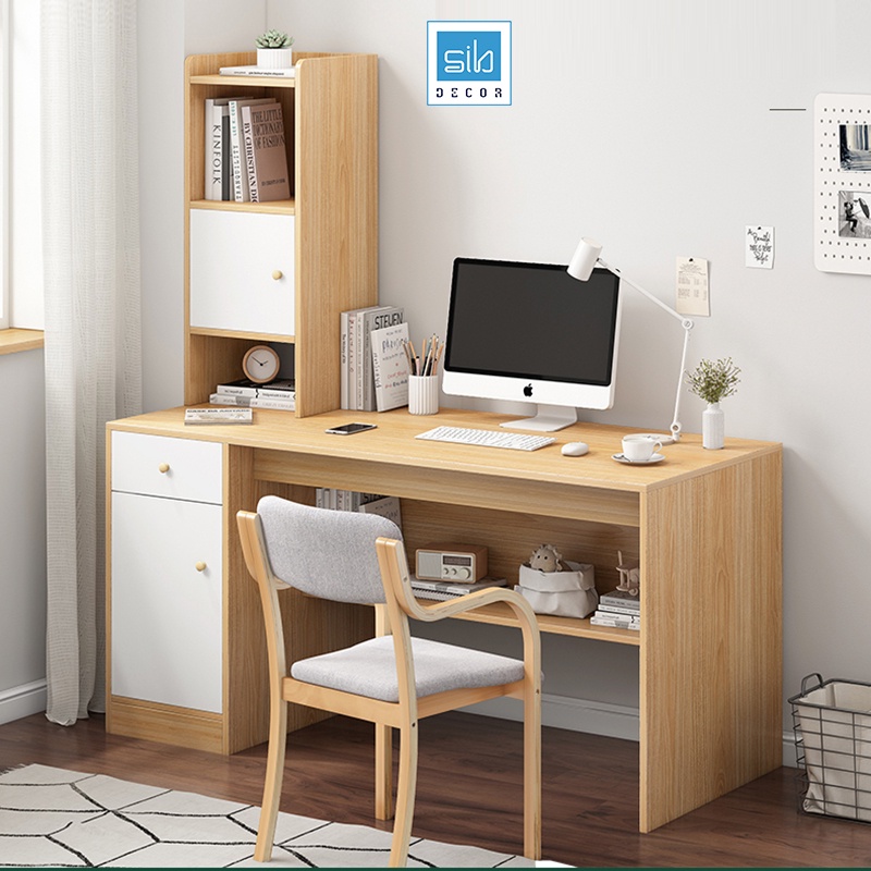 Bàn Làm Việc Tích Hợp Tủ Sách Nhiều Ngăn Cách Điệu, Có Hộc Tủ Thông Minh SIB Decor (Không Gồm Ghế)