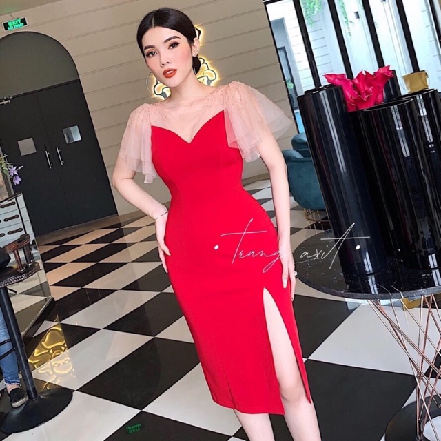 Đầm Body Phối Lưới Xẻ Tà ĐEN/NUDE/ĐỎ xt