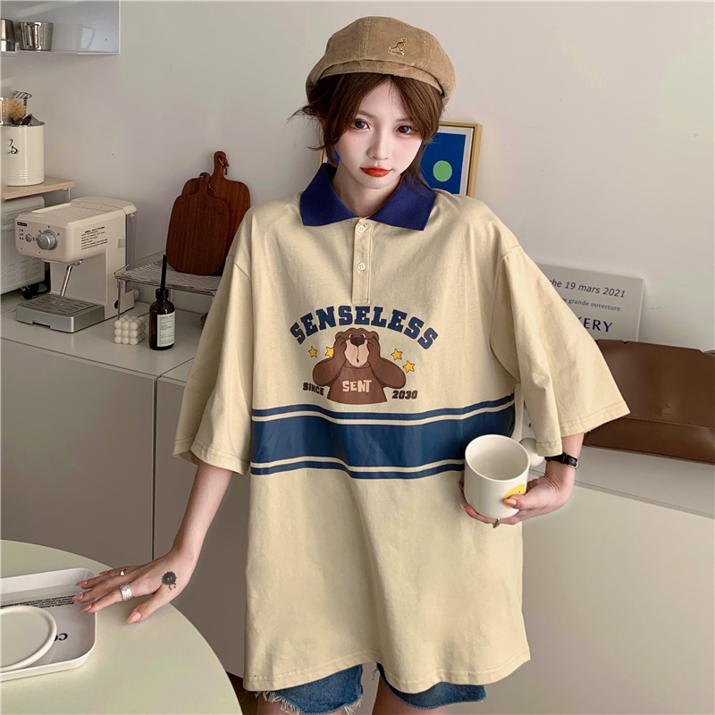 Áo polo Ngắn Tay Dáng Rộng In Hoạt Hình Gấu Kiểu Retro Cá Tính Cho Nữ